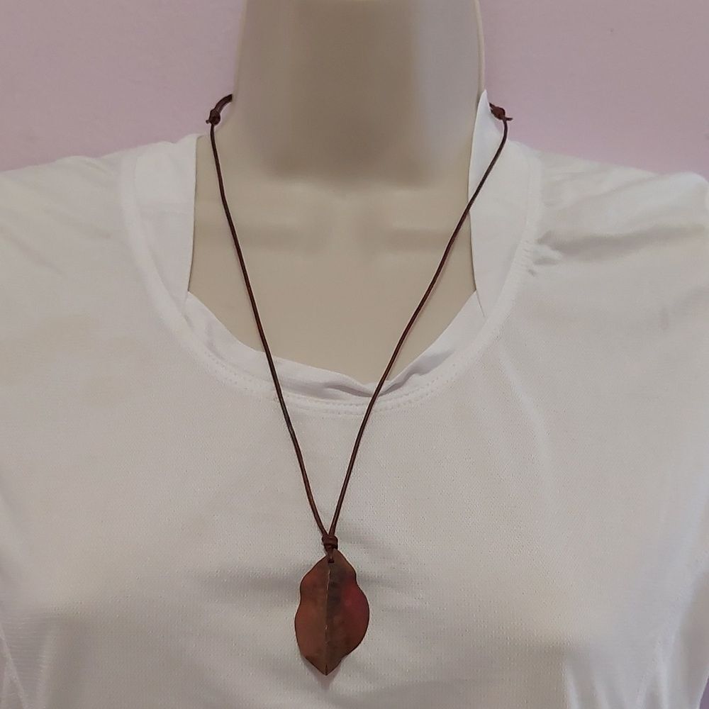 Fired Patina Fold Form Leaf Copper Tone Pendant Adjustable Leather Necklace